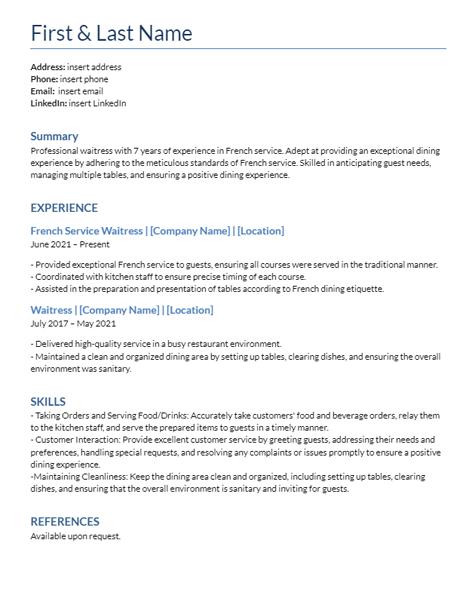 french service waitress resume