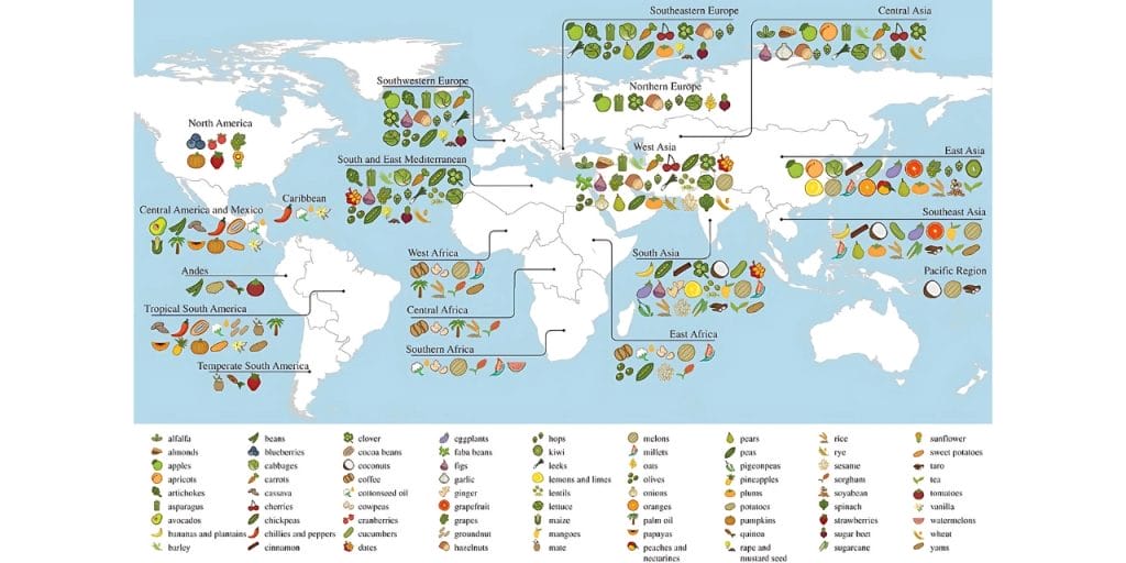 Map showing where crops originated; how chefs find inspiration