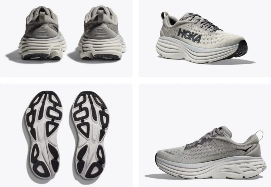 Hoka Bondi 8 grey sneakers from different angles