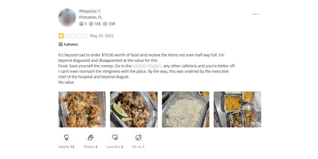 Negative review about expensive food