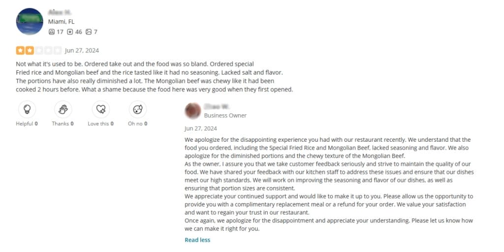 A restaurant's good response to a two-star review; how to respond to negative restaurant reviews example