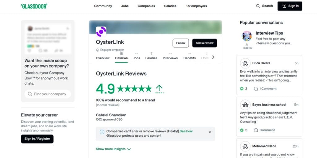 OysterLink Glassdoor Review