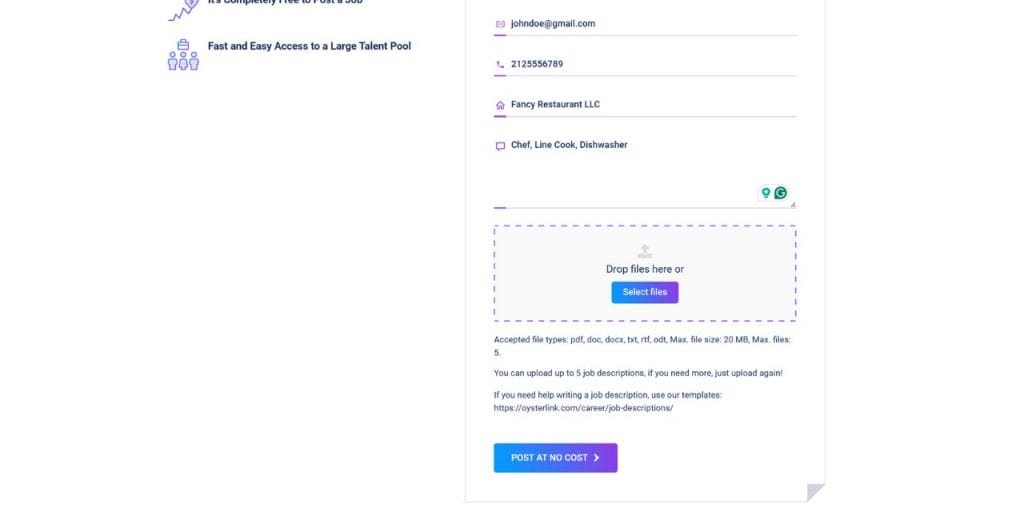 OysterLink Post a Job Page Files