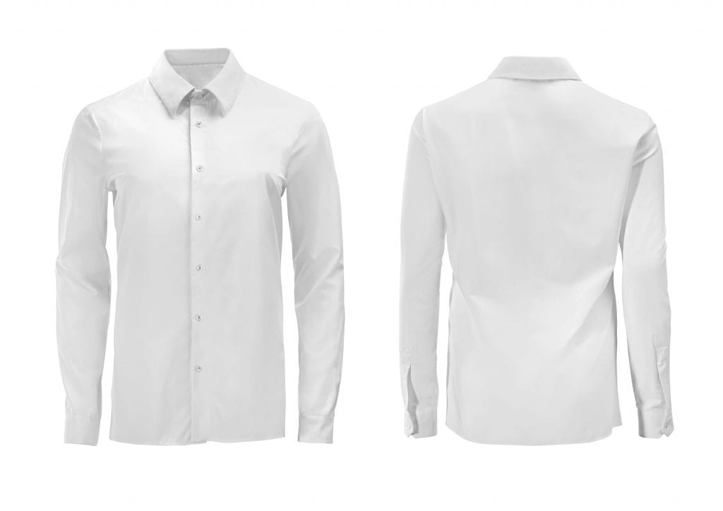 front and back view of a white button-down shirt