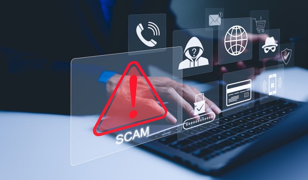 scam alert warning with cybersecurity icons