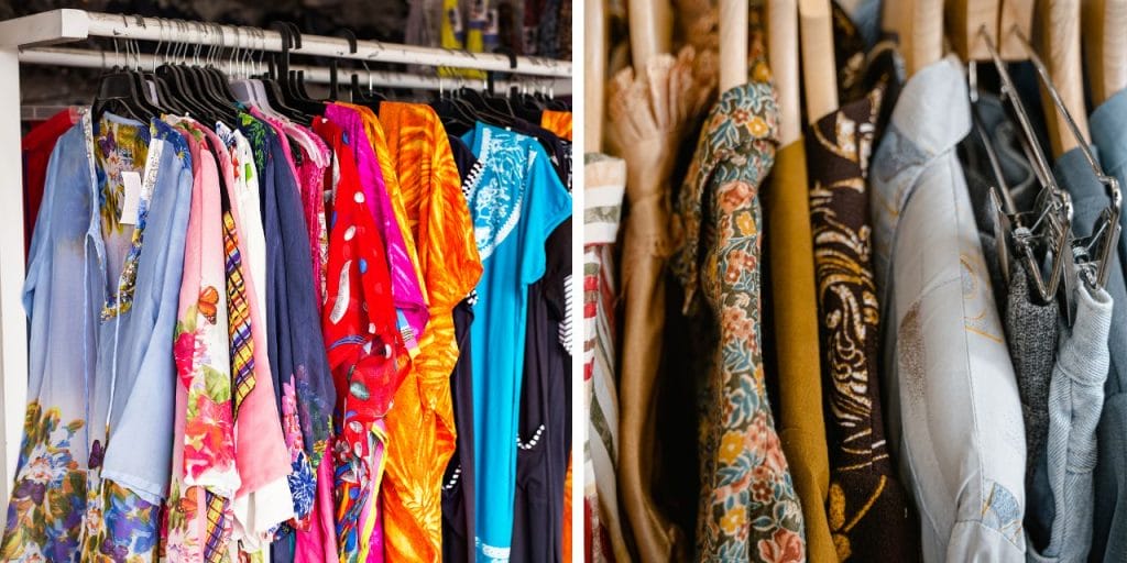 bright clothes hanging in a wardrobe