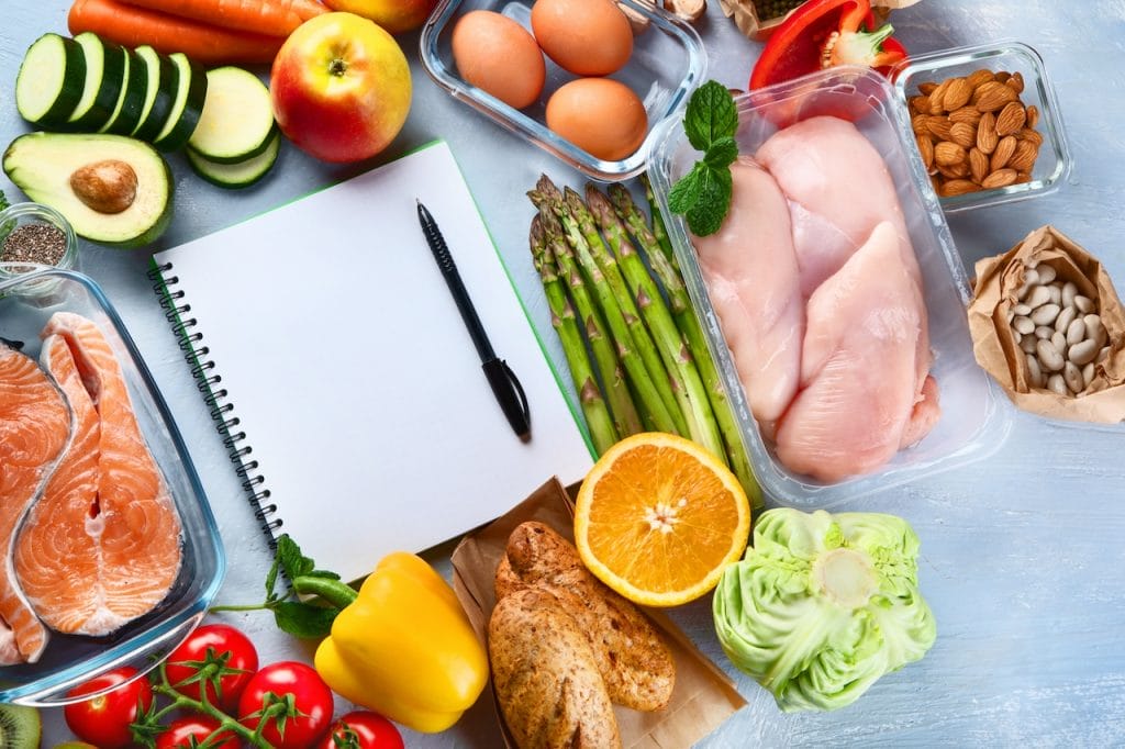 ingredients next to a notebook and pen; menu planning to reduce food waste in restaurants