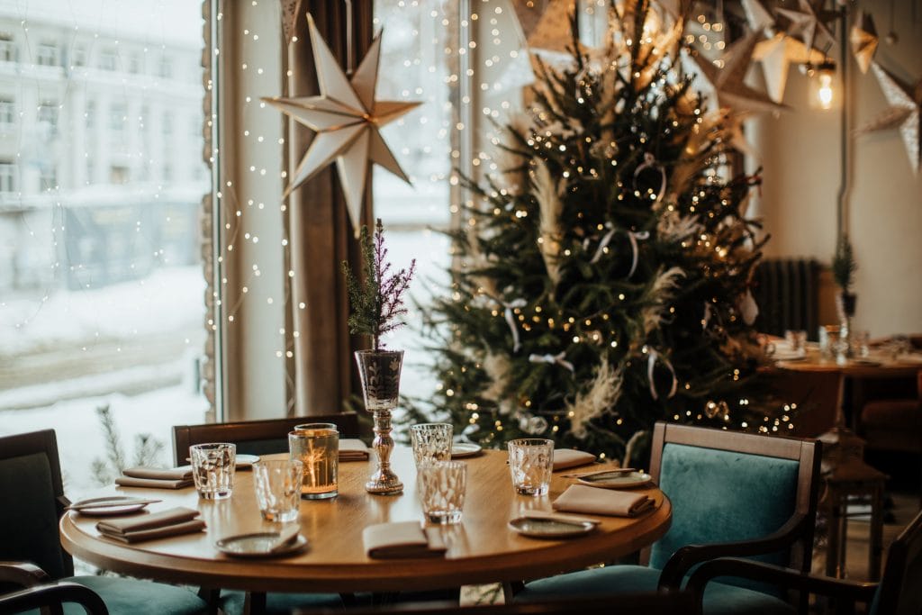 restaurant interior decorated for Christmas