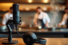 podcast microphone and headphones on a restaurant table