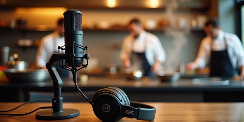 podcast microphone and headphones on a restaurant table