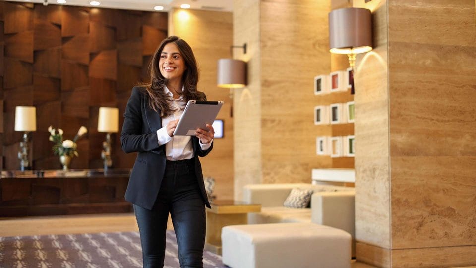 satisfied hotel manager walking in lobby